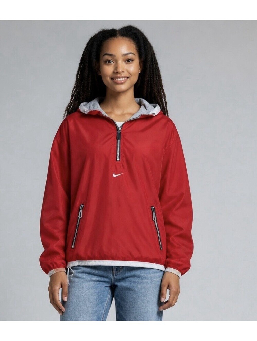 Vtg Nike Jacket Red Center Swoosh 1/4 Zip Windbreaker Pullover 90s Womens LG